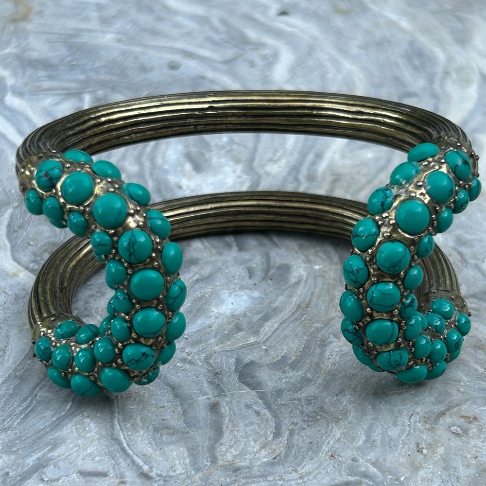 Heavy brass Giles & Brother cuff with turquoise colored stones